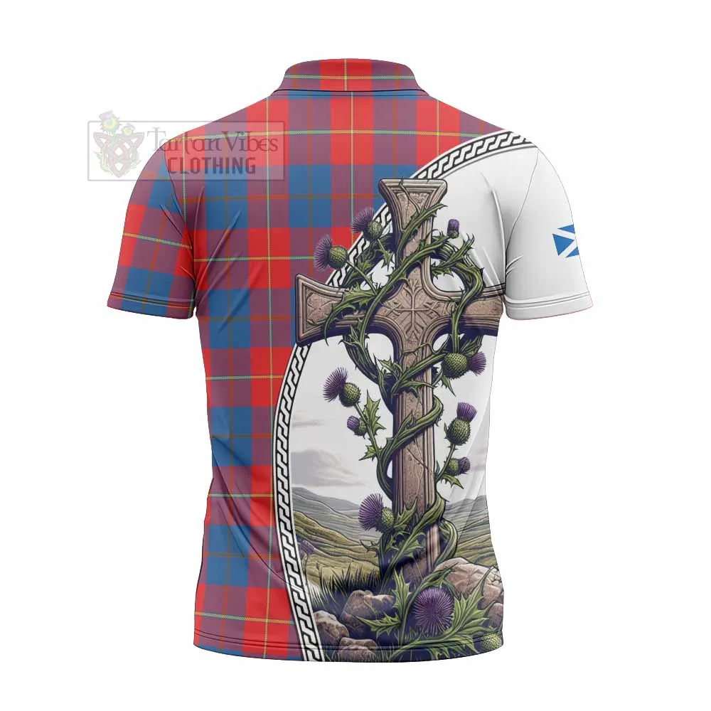 Blane Tartan Zipper Polo Shirt with Family Crest and St. Andrew's Cross Accented by Thistle Vines