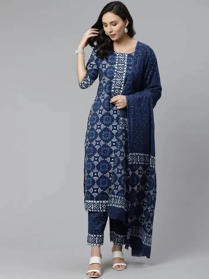 Blue & Off-White Printed Kurta with Palazzo & Dupatta