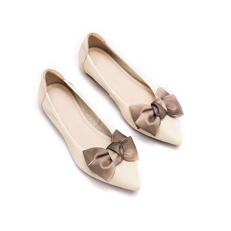 Bow-Detail Pointed-Toe Ballerina Shoes Apricot/Grey/Black/Yellow