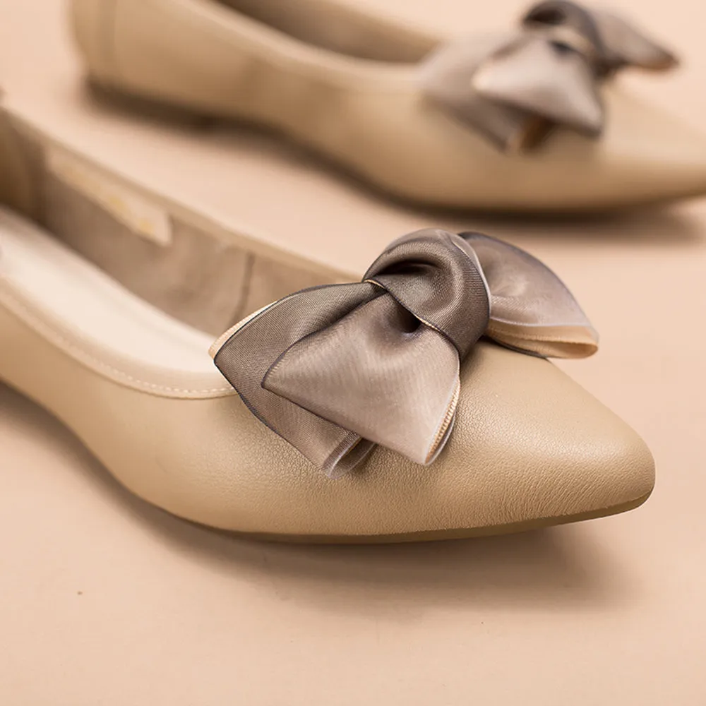 Bow-Detail Pointed-Toe Ballerina Shoes Apricot/Grey/Black/Yellow