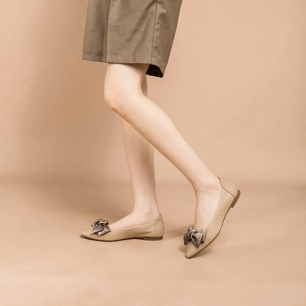 Bow-Detail Pointed-Toe Ballerina Shoes Apricot/Grey/Black/Yellow