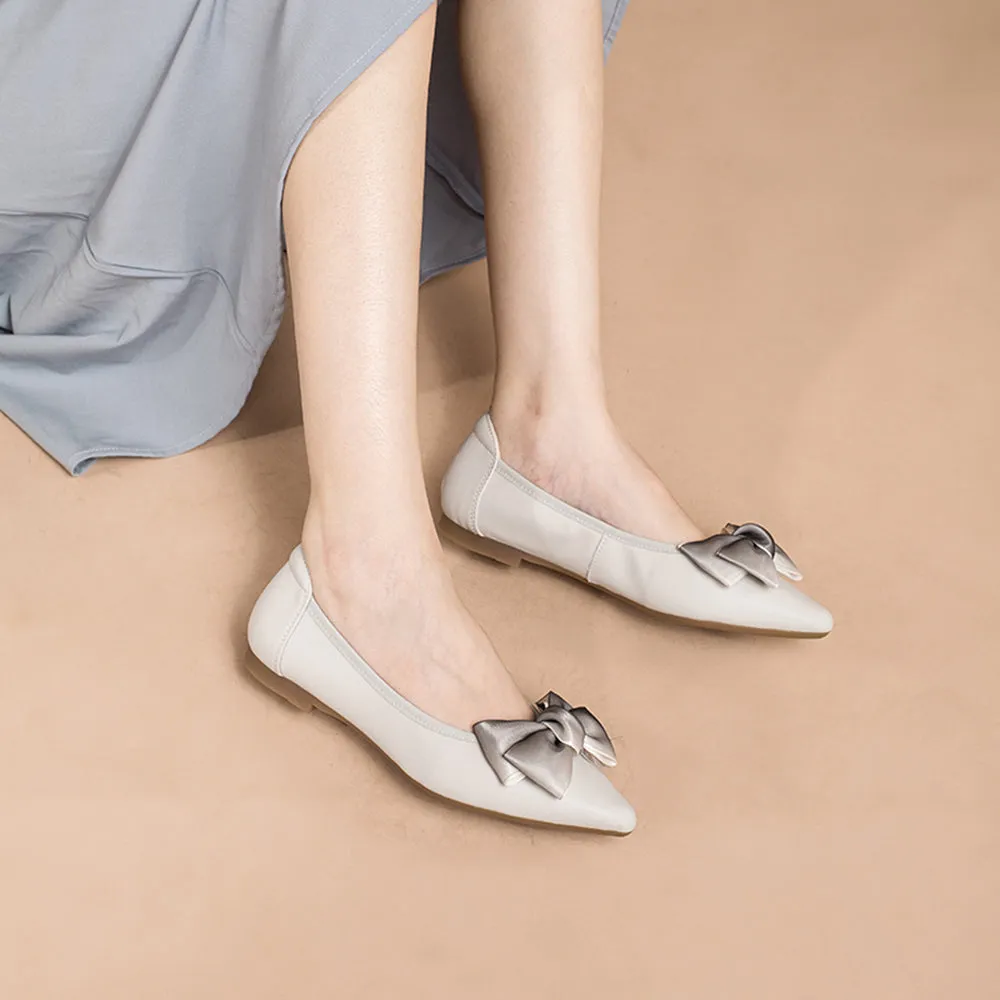 Bow-Detail Pointed-Toe Ballerina Shoes Apricot/Grey/Black/Yellow