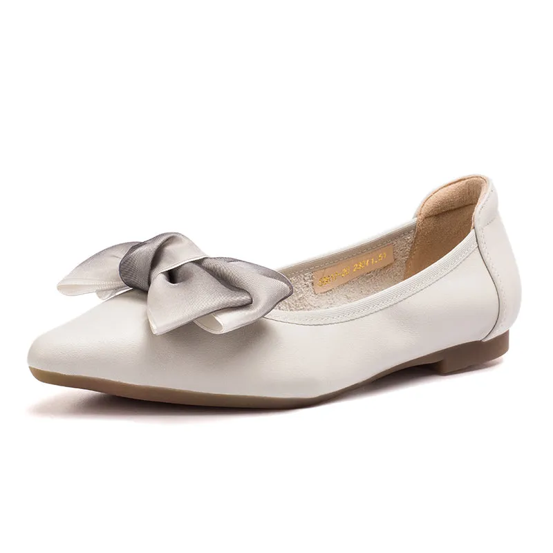 Bow-Detail Pointed-Toe Ballerina Shoes Apricot/Grey/Black/Yellow