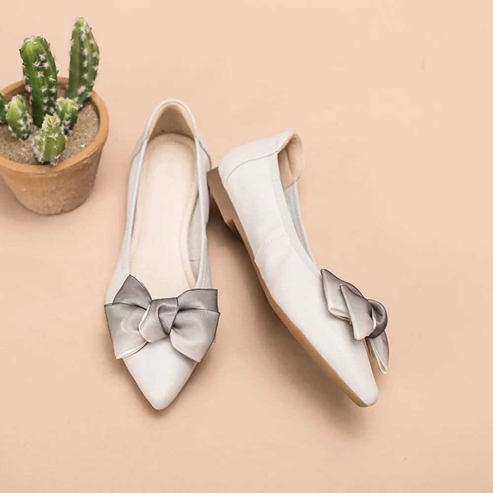 Bow-Detail Pointed-Toe Ballerina Shoes Apricot/Grey/Black/Yellow