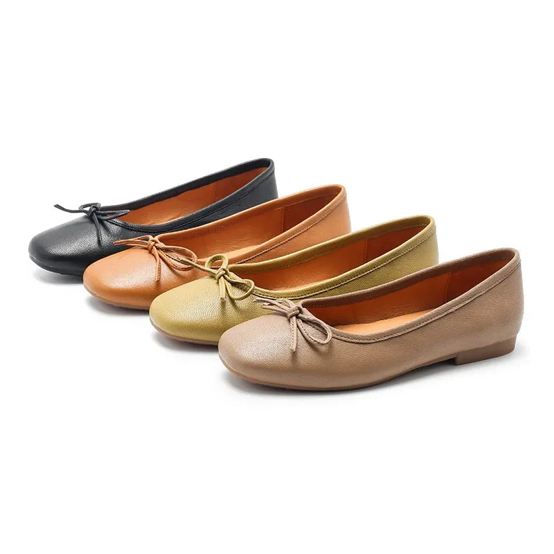 Bow-Detail Round Toe Vegetable Tanned Sheepskin Ballerina Shoes in Brown/Green/Black/Apricot