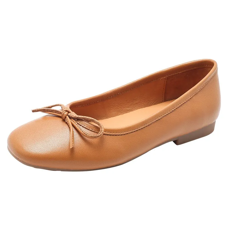 Bow-Detail Round Toe Vegetable Tanned Sheepskin Ballerina Shoes in Brown/Green/Black/Apricot