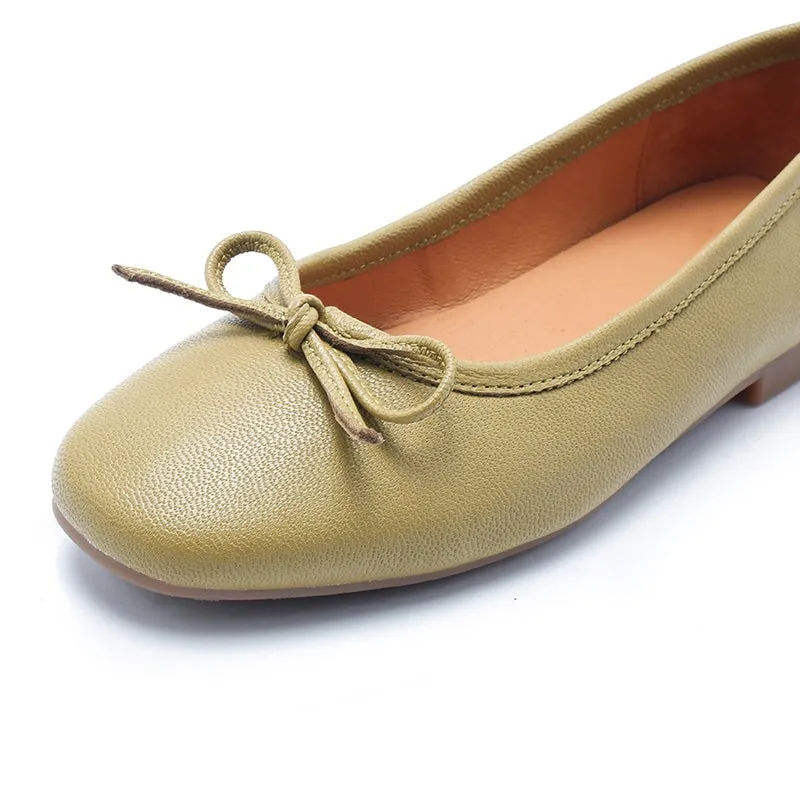 Bow-Detail Round Toe Vegetable Tanned Sheepskin Ballerina Shoes in Brown/Green/Black/Apricot