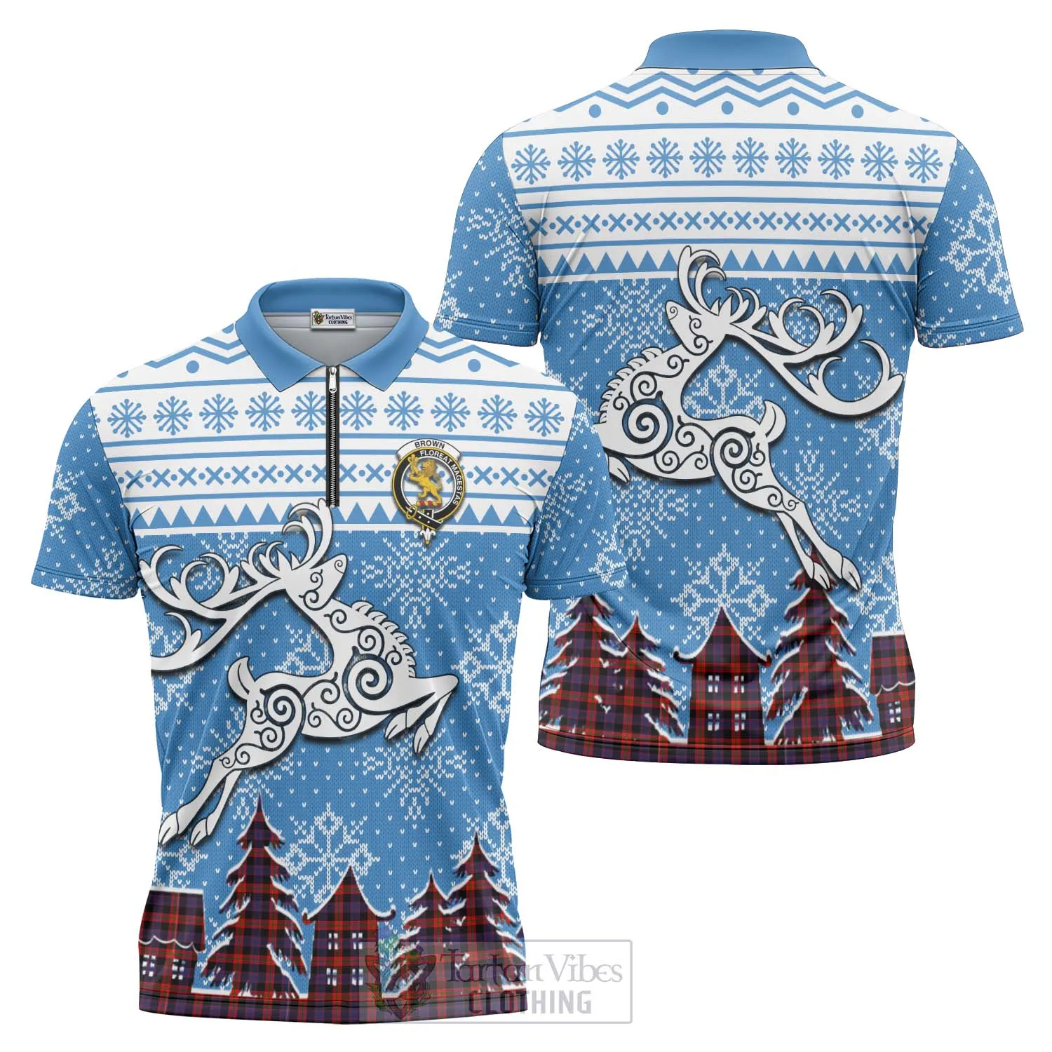 Brown (Broun) Clan Christmas Zipper Polo Shirt Celtic Reindeer Style