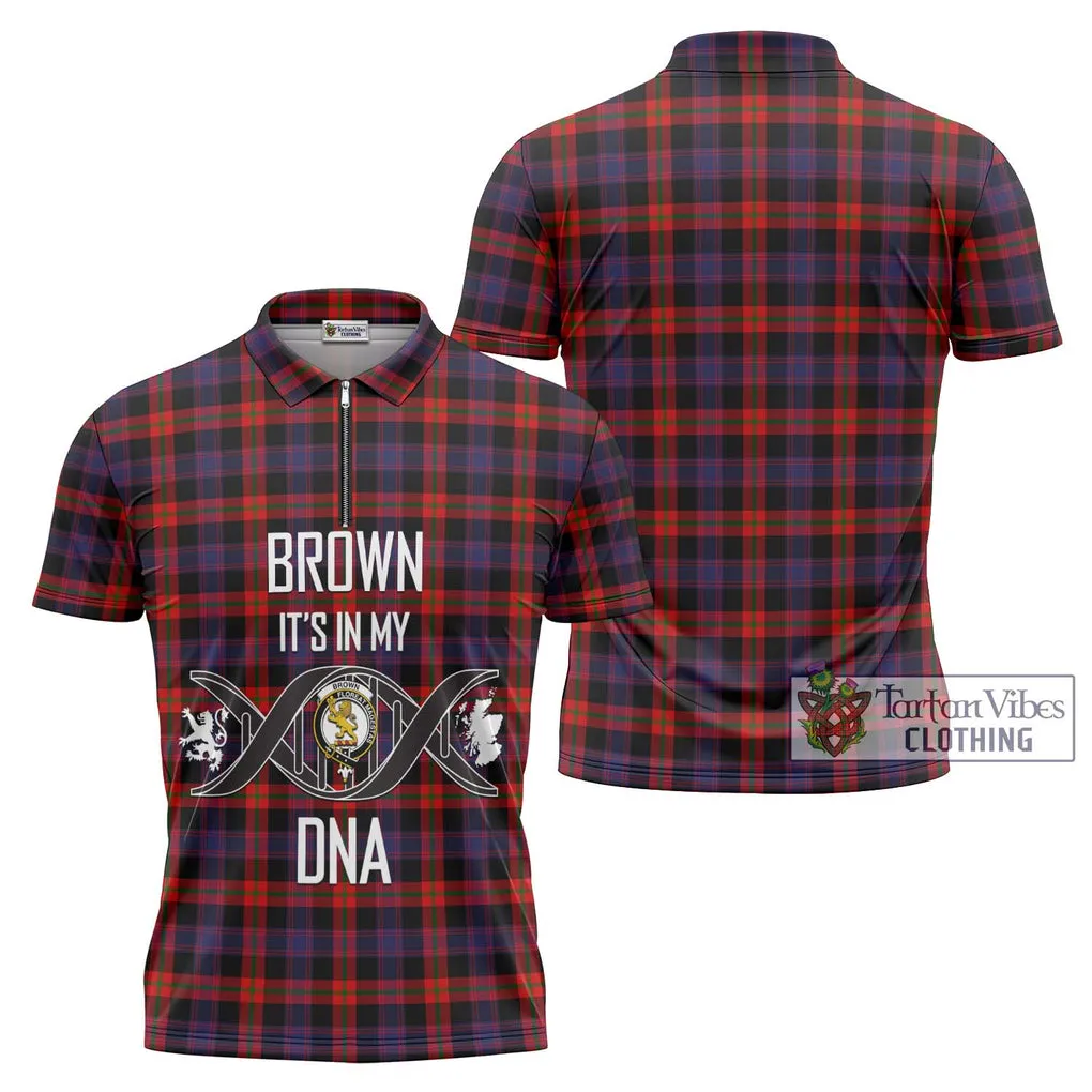 Brown (Broun) Tartan Zipper Polo Shirt with Family Crest DNA In Me Style