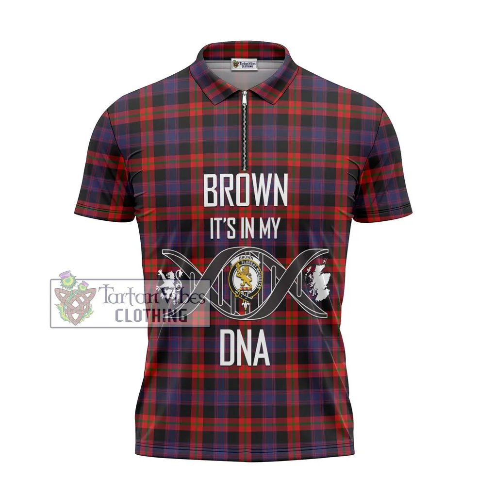 Brown (Broun) Tartan Zipper Polo Shirt with Family Crest DNA In Me Style