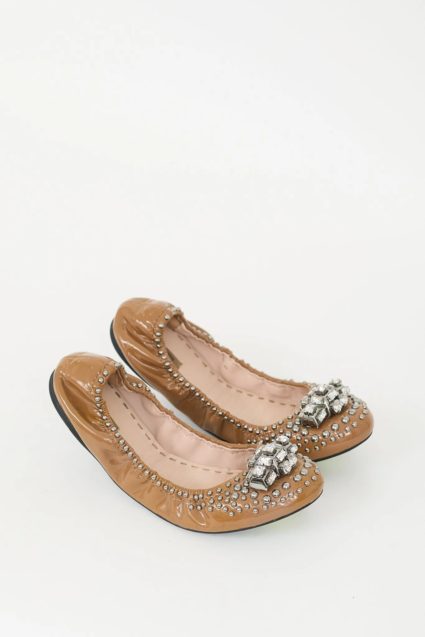 Brown Patent Leather Embellished Flat