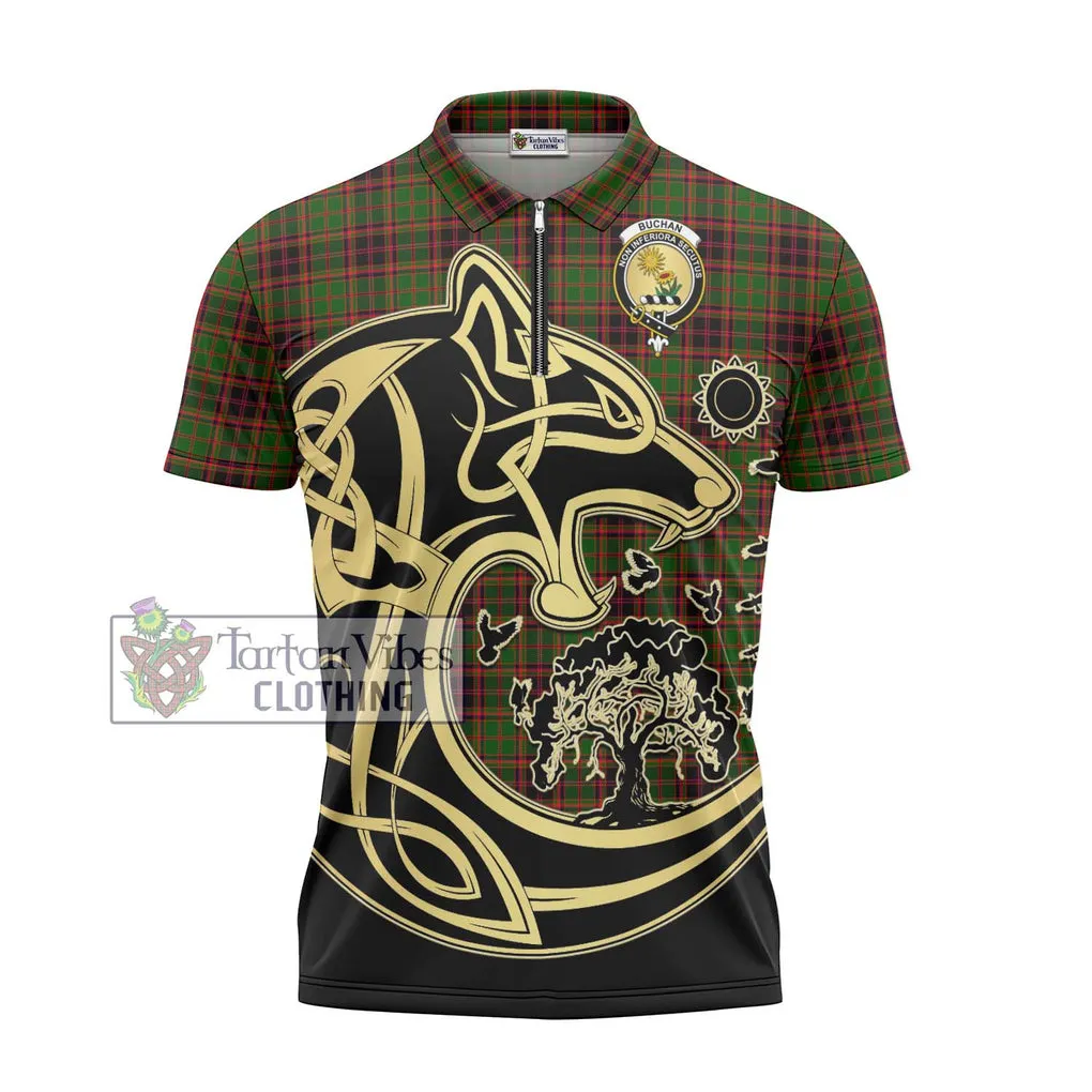 Buchan Tartan Zipper Polo Shirt with Family Crest Celtic Wolf Style