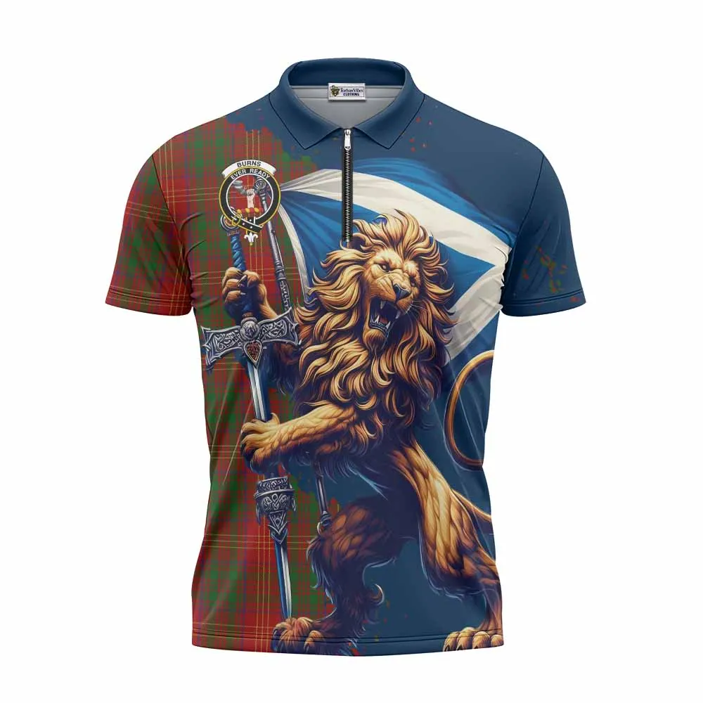 Burns Tartan Family Crest Zipper Polo Shirt with Scottish Majestic Lion