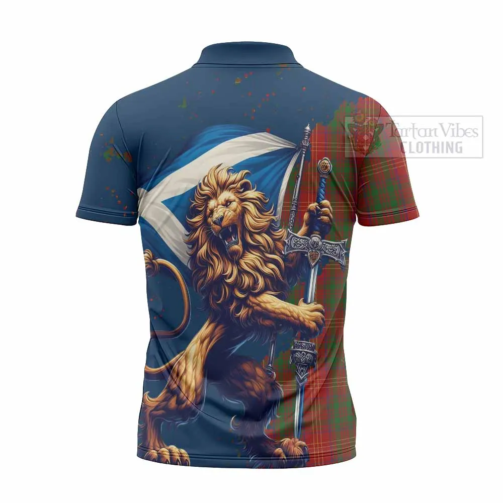 Burns Tartan Family Crest Zipper Polo Shirt with Scottish Majestic Lion