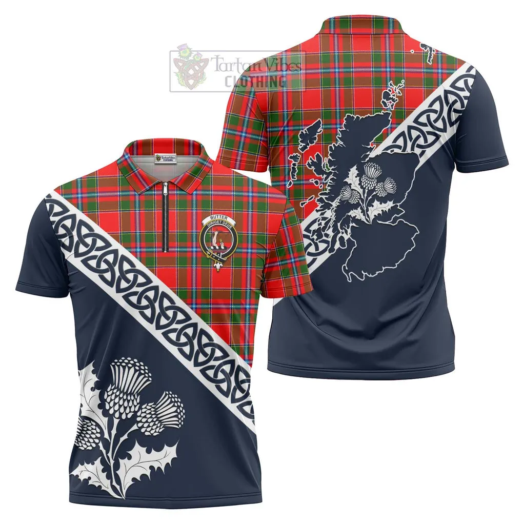 Butter Tartan Zipper Polo Shirt Featuring Thistle and Scotland Map