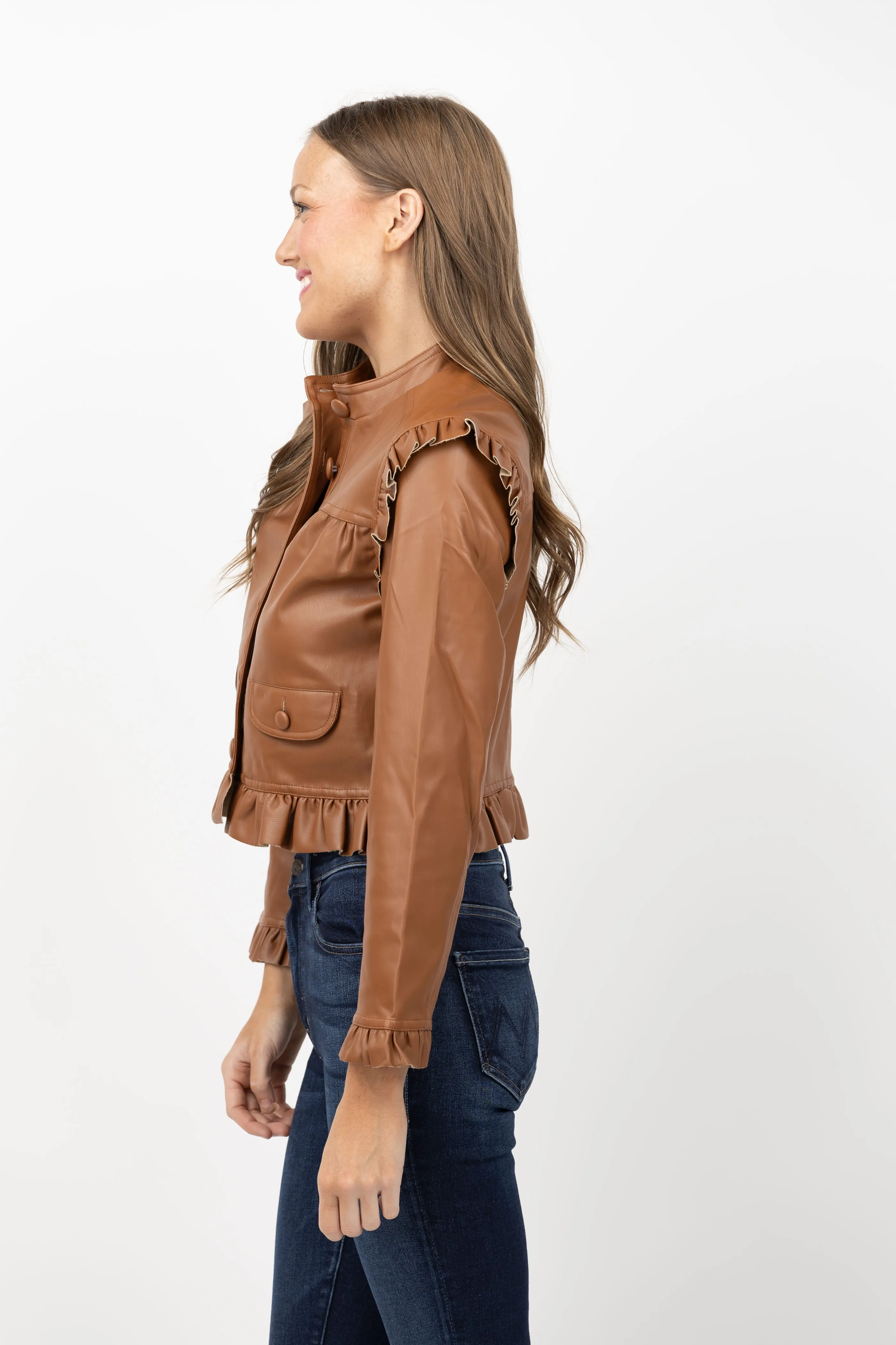 Central Park West Celine Girly Moto Jacket in Saddle Brown