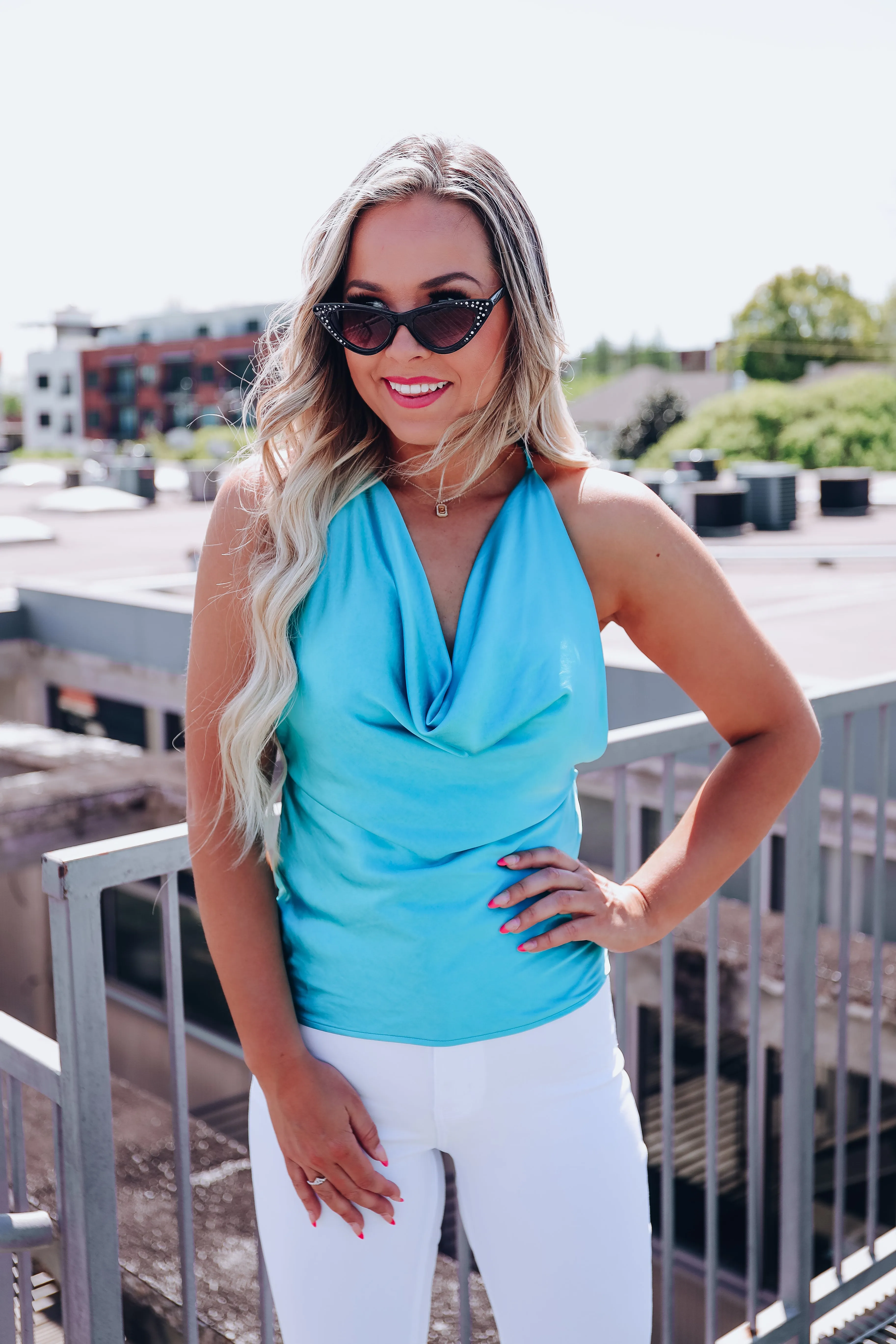 Charlise Cowl Neck Halter Top - Turquoise