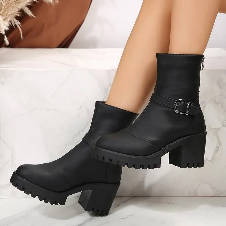 Chunky heels biker boots with back zipper