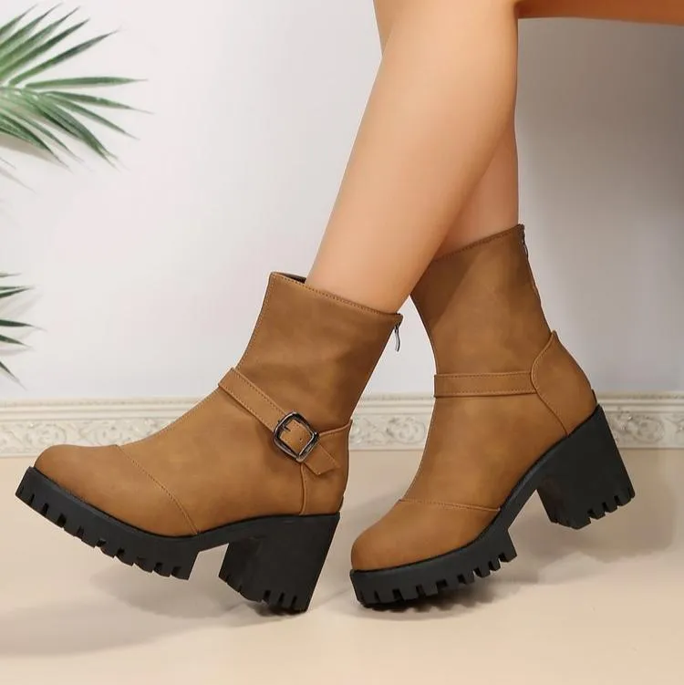 Chunky heels biker boots with back zipper