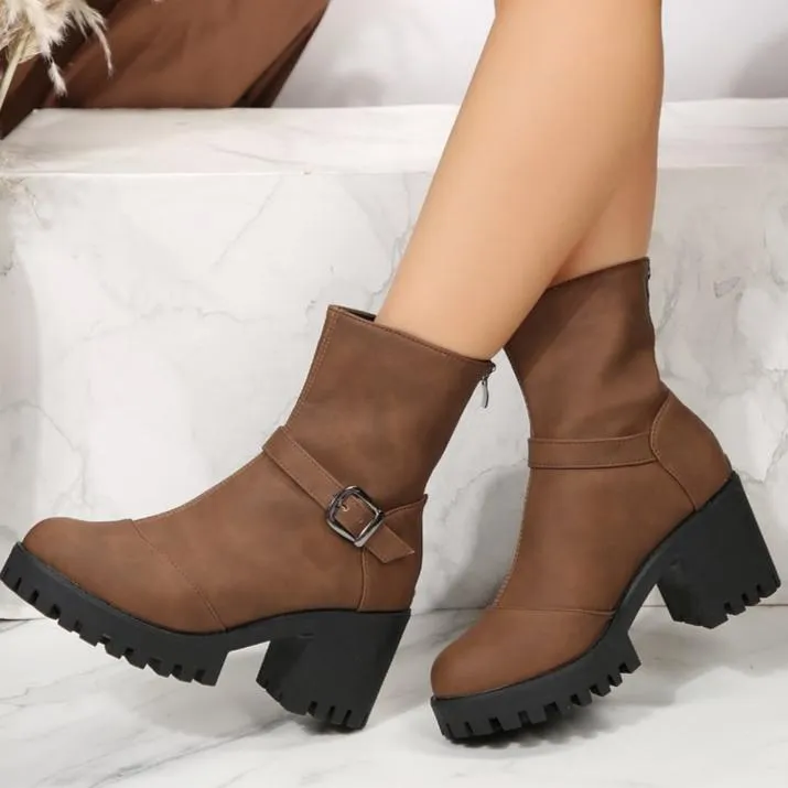 Chunky heels biker boots with back zipper