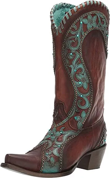 Corral Women's E1538 CHOCOLATE /TURQUOISE OVERLAY & WOVEN & CRYSTALS & STUDS