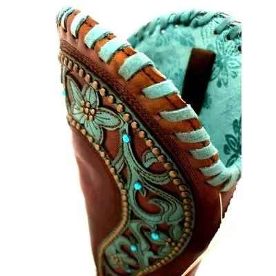 Corral Women's E1538 CHOCOLATE /TURQUOISE OVERLAY & WOVEN & CRYSTALS & STUDS