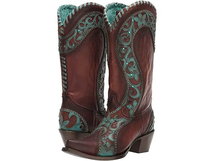 Corral Women's E1538 CHOCOLATE /TURQUOISE OVERLAY & WOVEN & CRYSTALS & STUDS