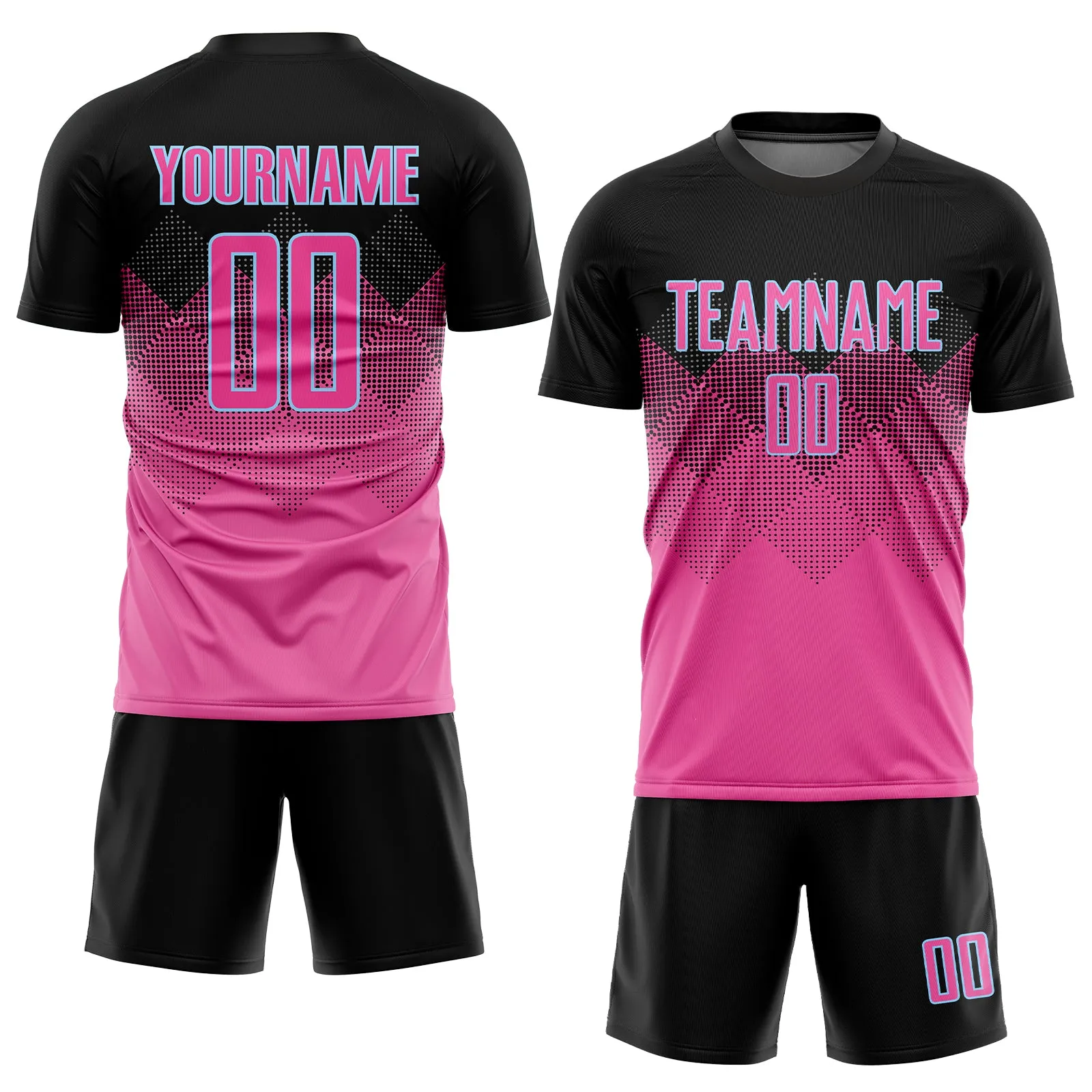 Custom Pink Black-LIght Blue Gradient Square Shape Sublimation Soccer Uniform Jersey