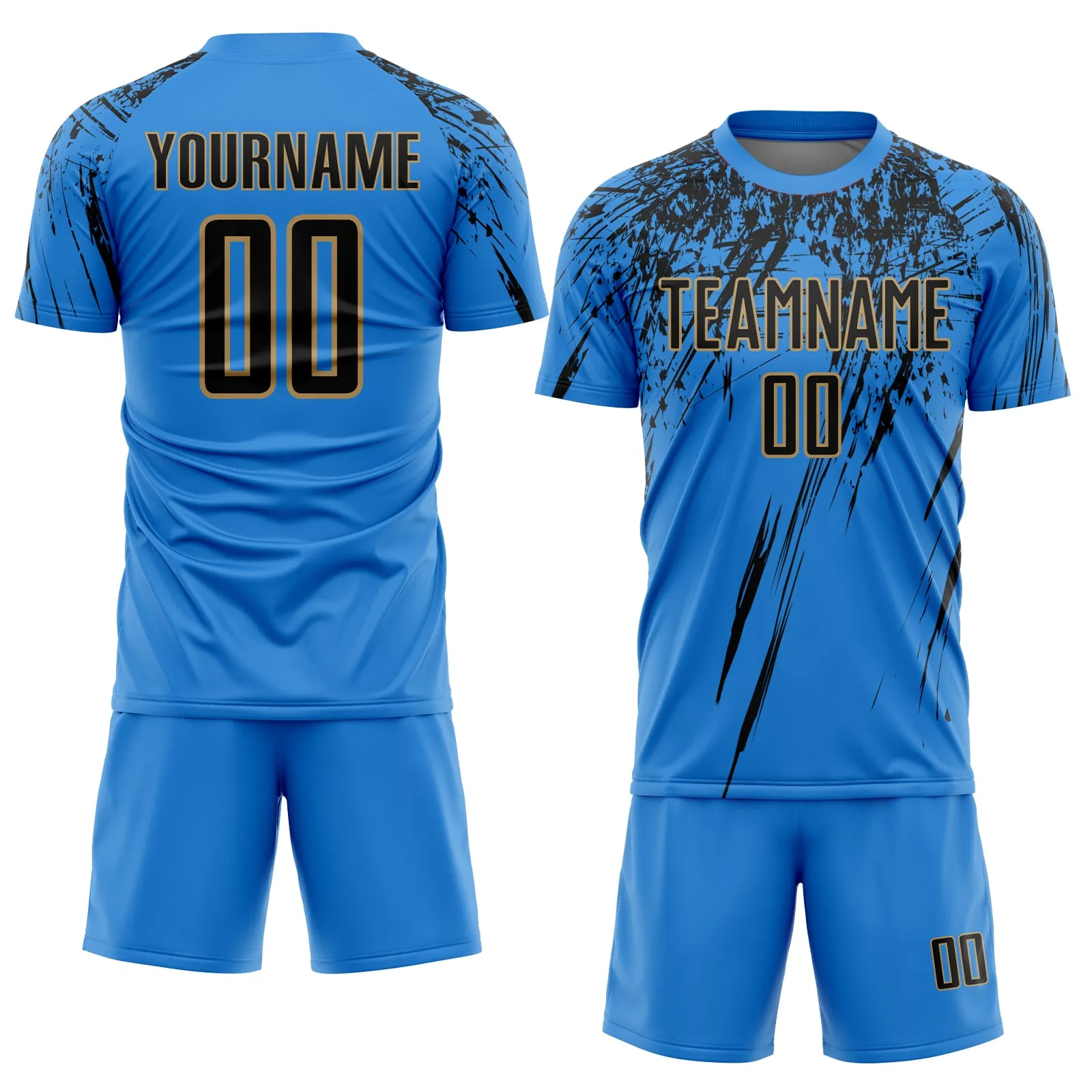 Custom Powder Blue Black-Old Gold Sublimation Soccer Uniform Jersey