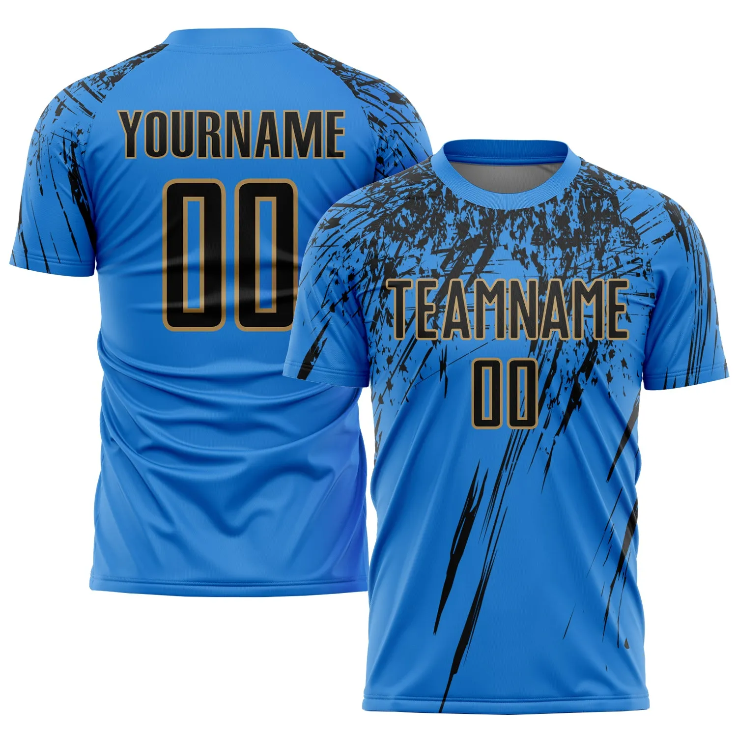 Custom Powder Blue Black-Old Gold Sublimation Soccer Uniform Jersey