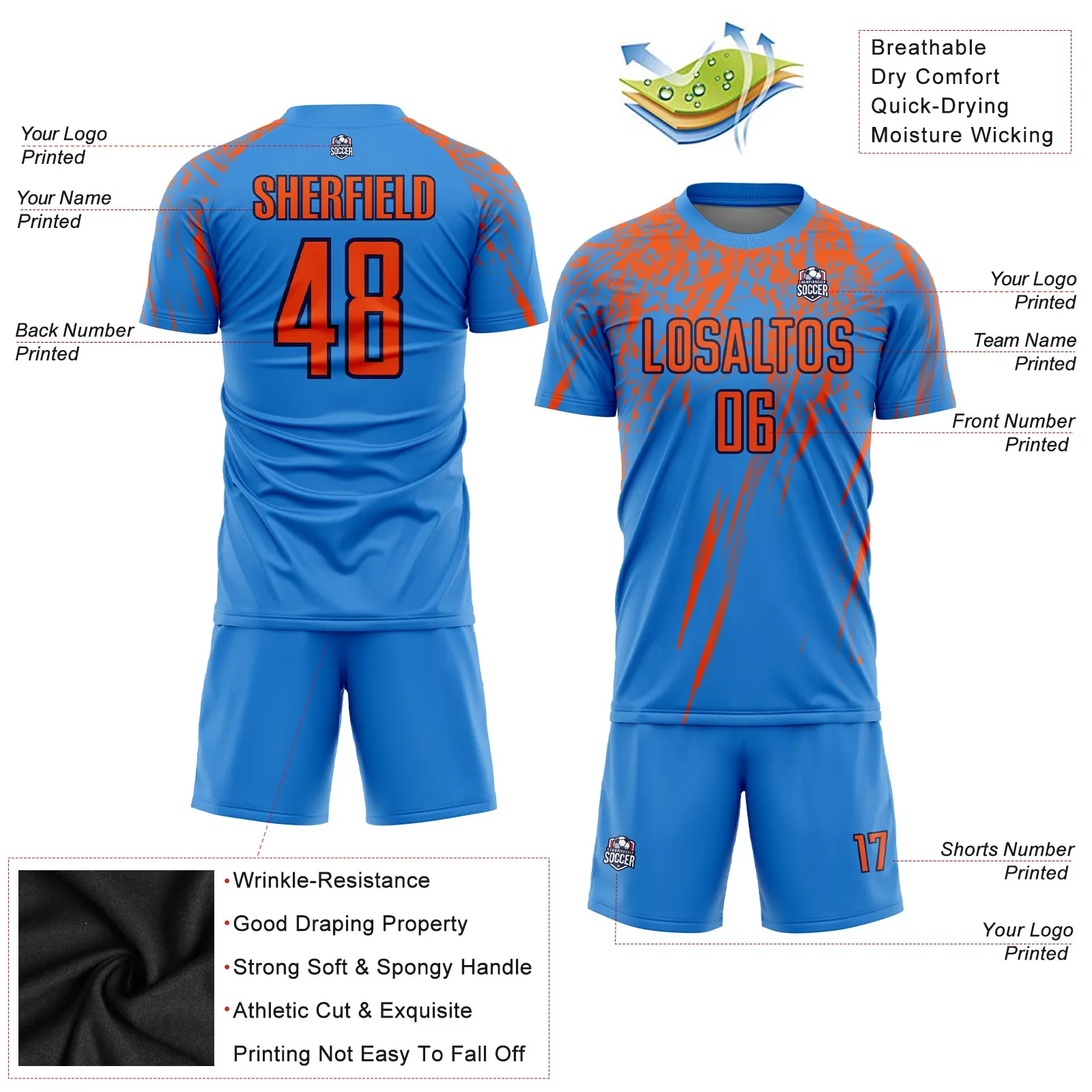 Custom Powder Blue Orange-Navy Sublimation Soccer Uniform Jersey