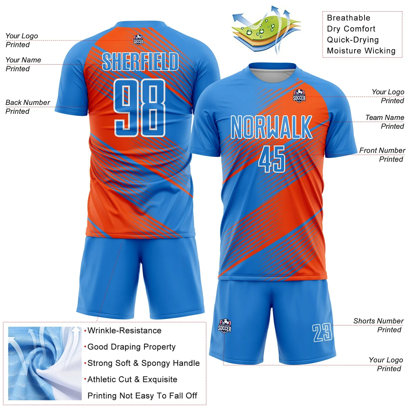 Custom Powder Blue Orange-White Line Sublimation Soccer Uniform Jersey