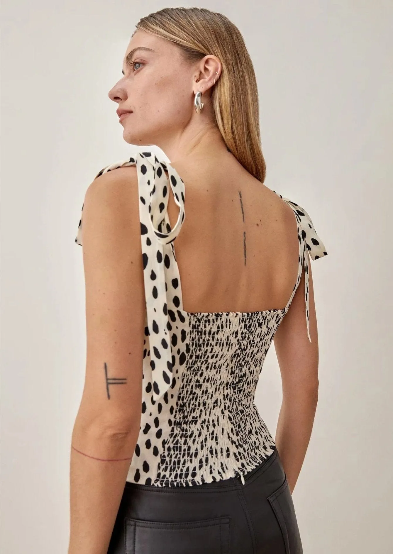 Dalmatian Printed Ribbon Strap Shirred Cropped Tank