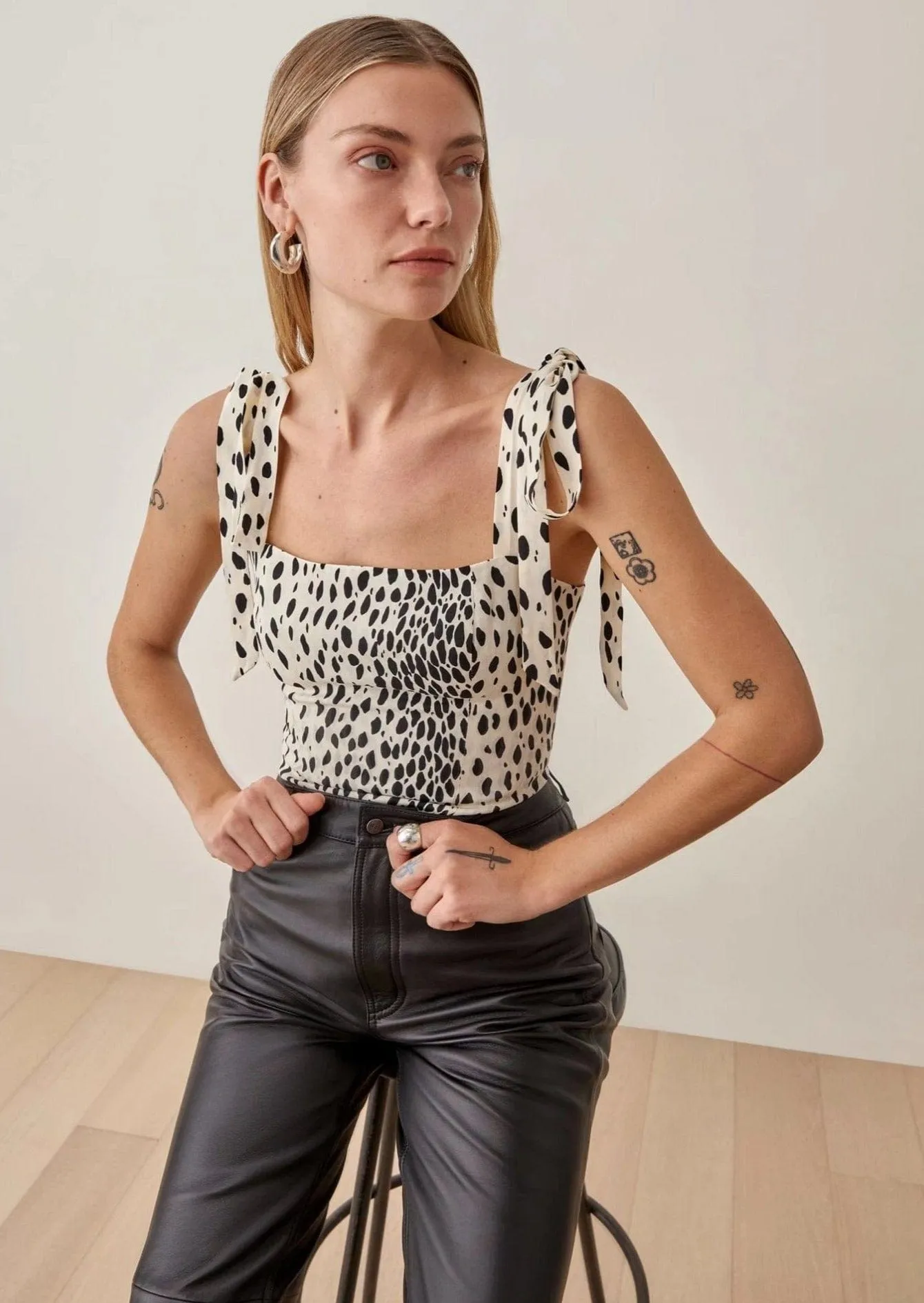 Dalmatian Printed Ribbon Strap Shirred Cropped Tank