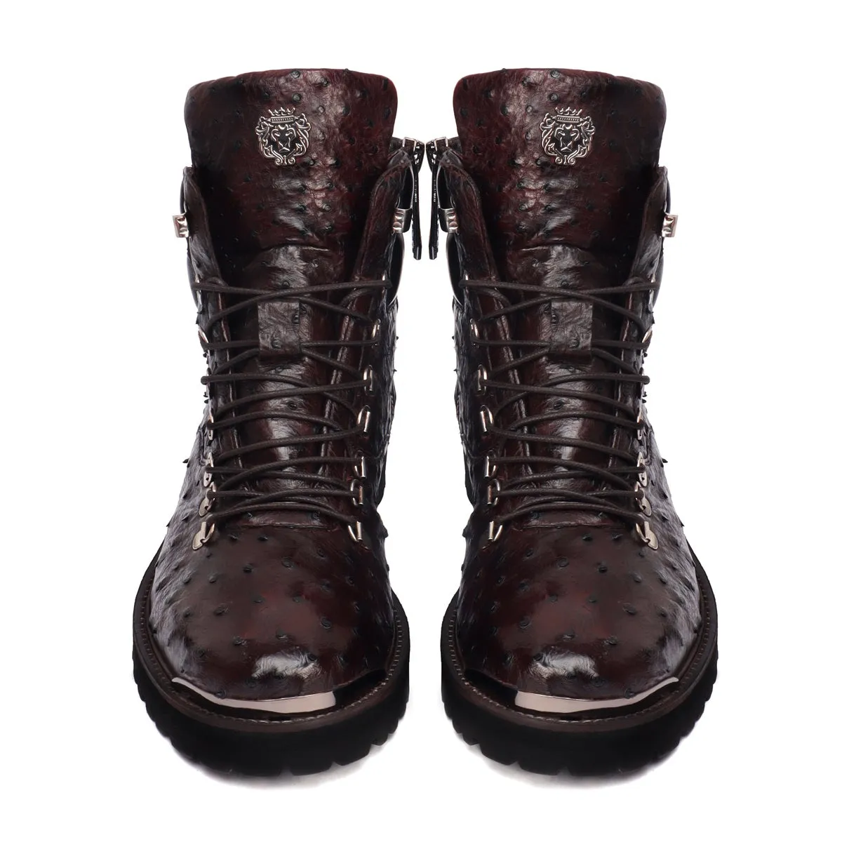 Dark Brown Biker Boots in Premium Authentic Ostrich Leather