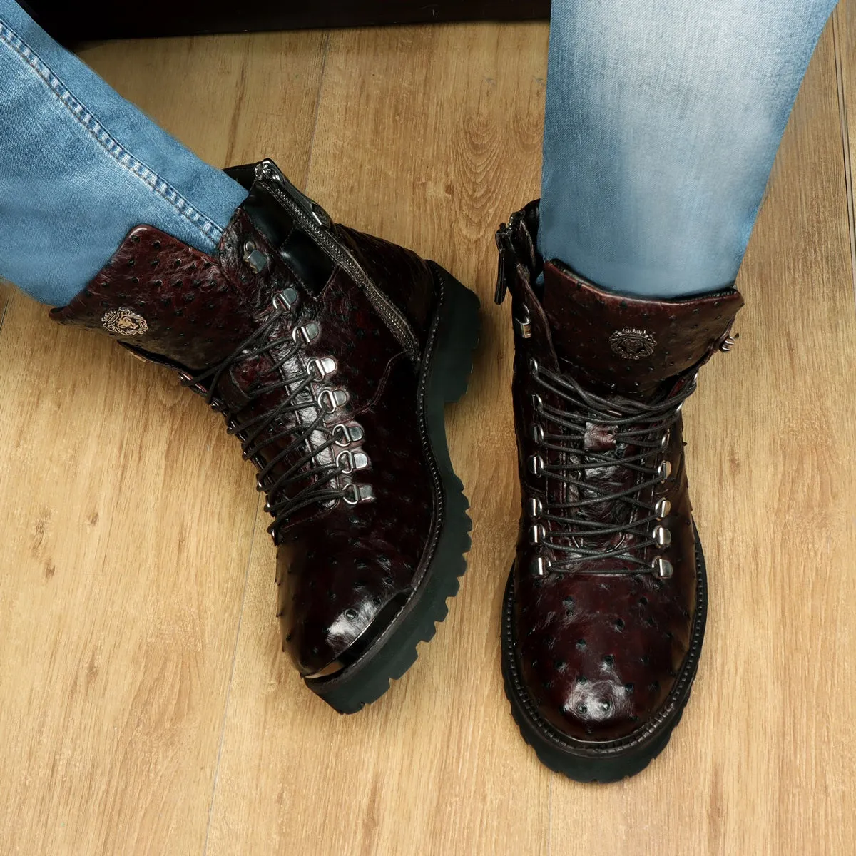 Dark Brown Biker Boots in Premium Authentic Ostrich Leather