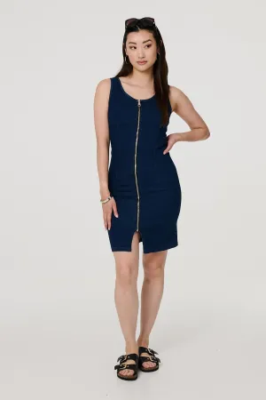 Denim Sleeveless Zip Front Shift Dress