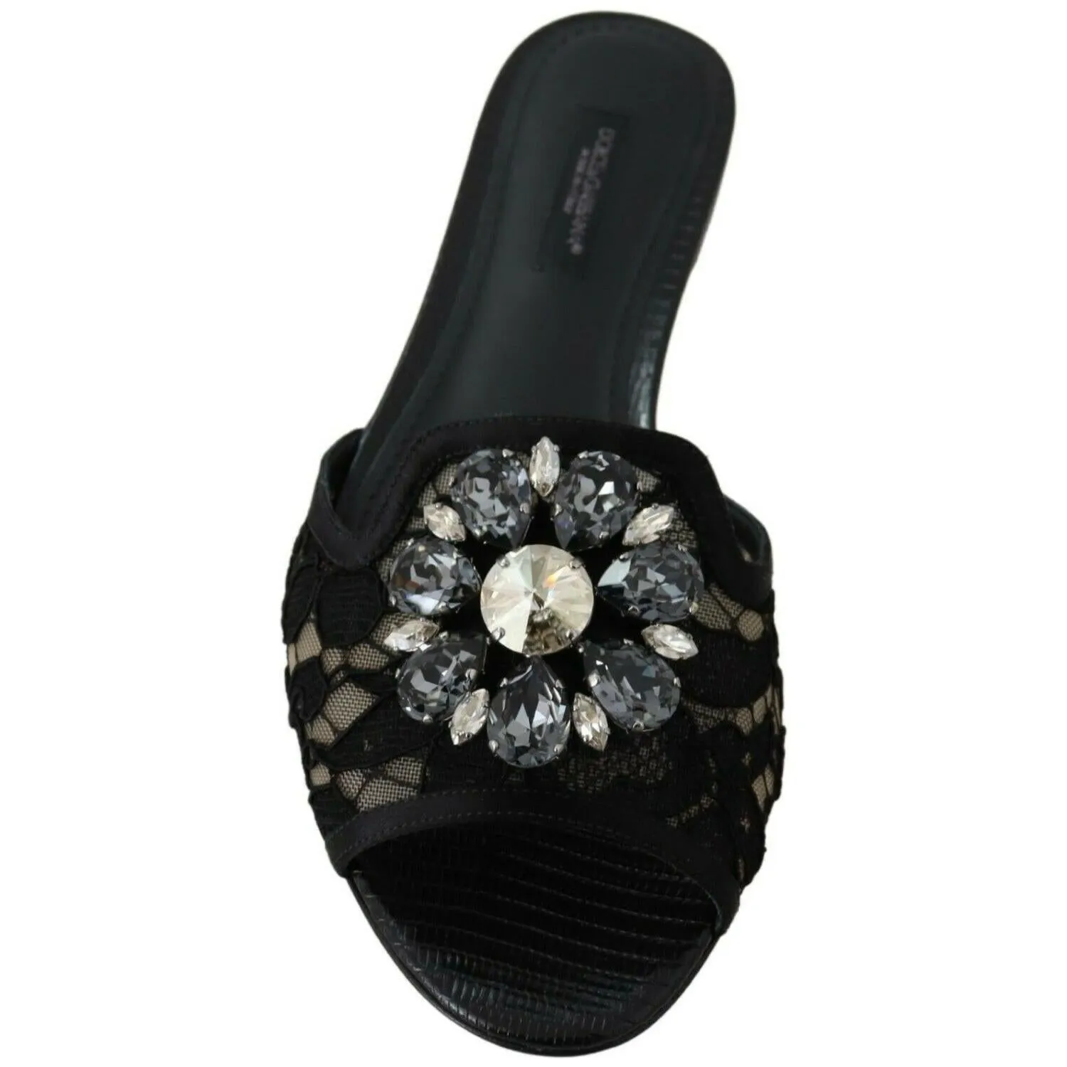 Dolce & Gabbana Elegant Black Lace Mules with Jewel Flower Detail