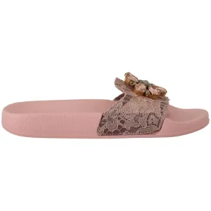 Dolce & Gabbana Floral Lace Crystal Embellished Slide Flats