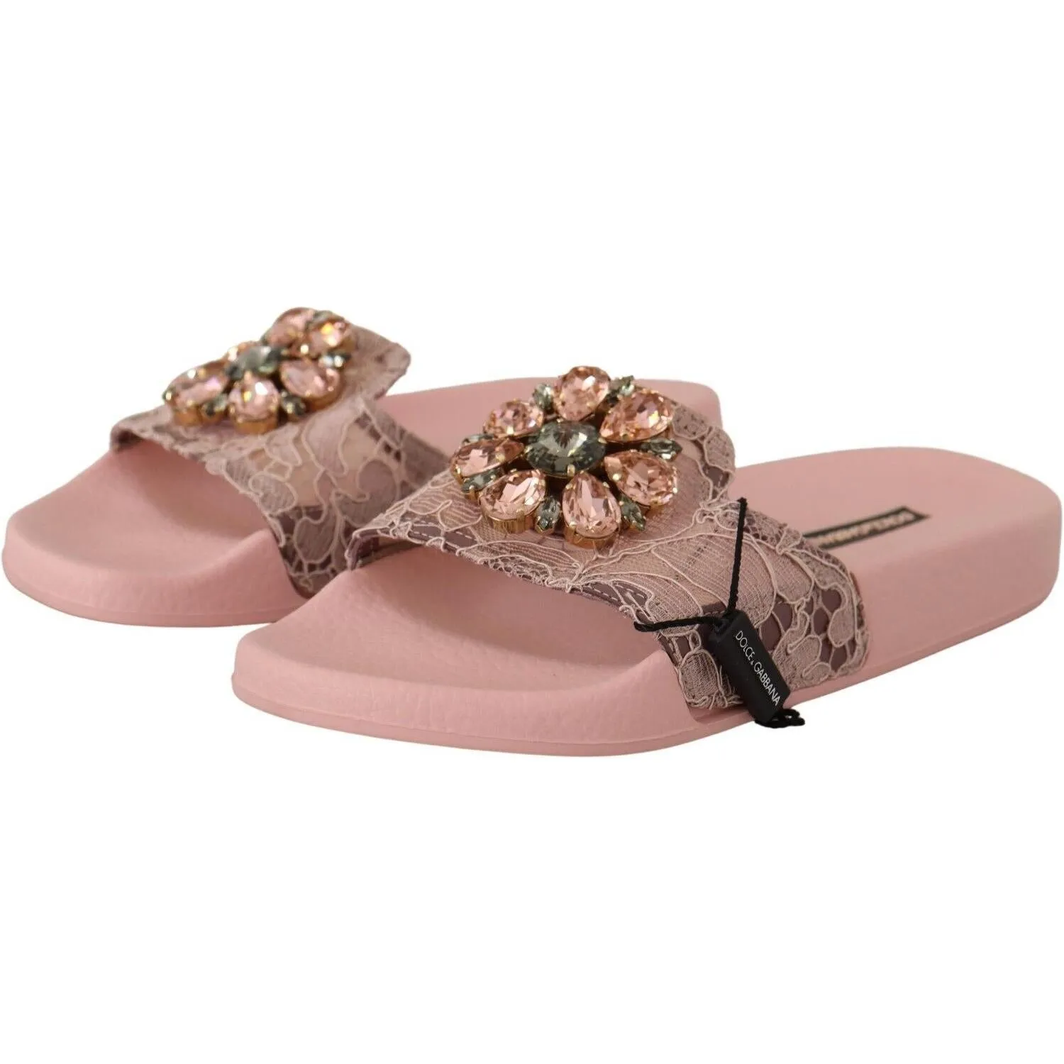 Dolce & Gabbana Floral Lace Crystal Embellished Slide Flats