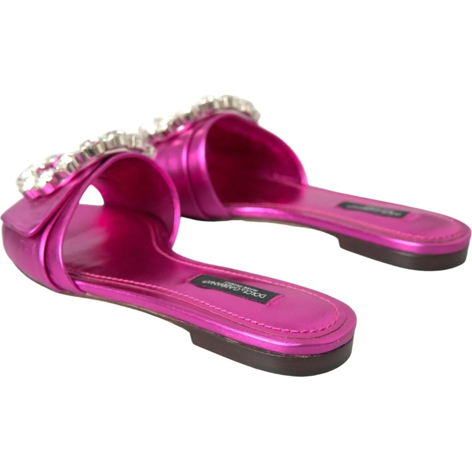 Dolce & Gabbana Fuchsia Crystal Leather Flats Sandals Shoes