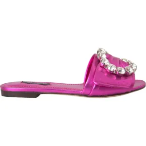 Dolce & Gabbana Fuchsia Crystal Leather Flats Sandals Shoes