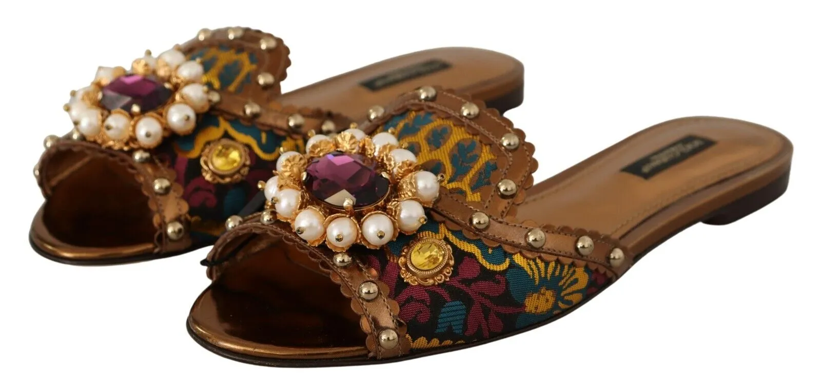 Dolce & Gabbana Multicolor Floral Embellished Slides Flats Shoes