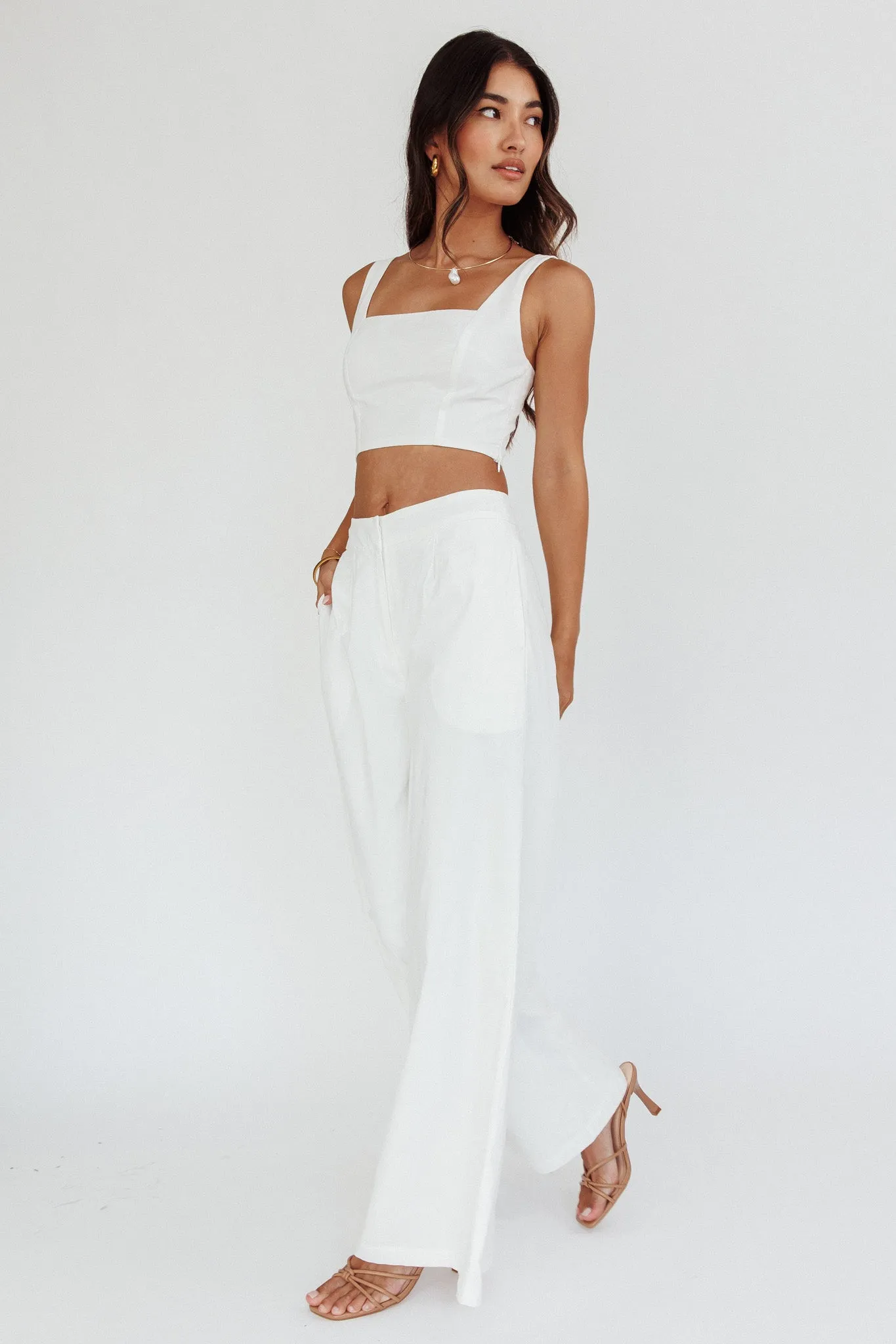 Empire Wide-Leg Side Pocket Pants White