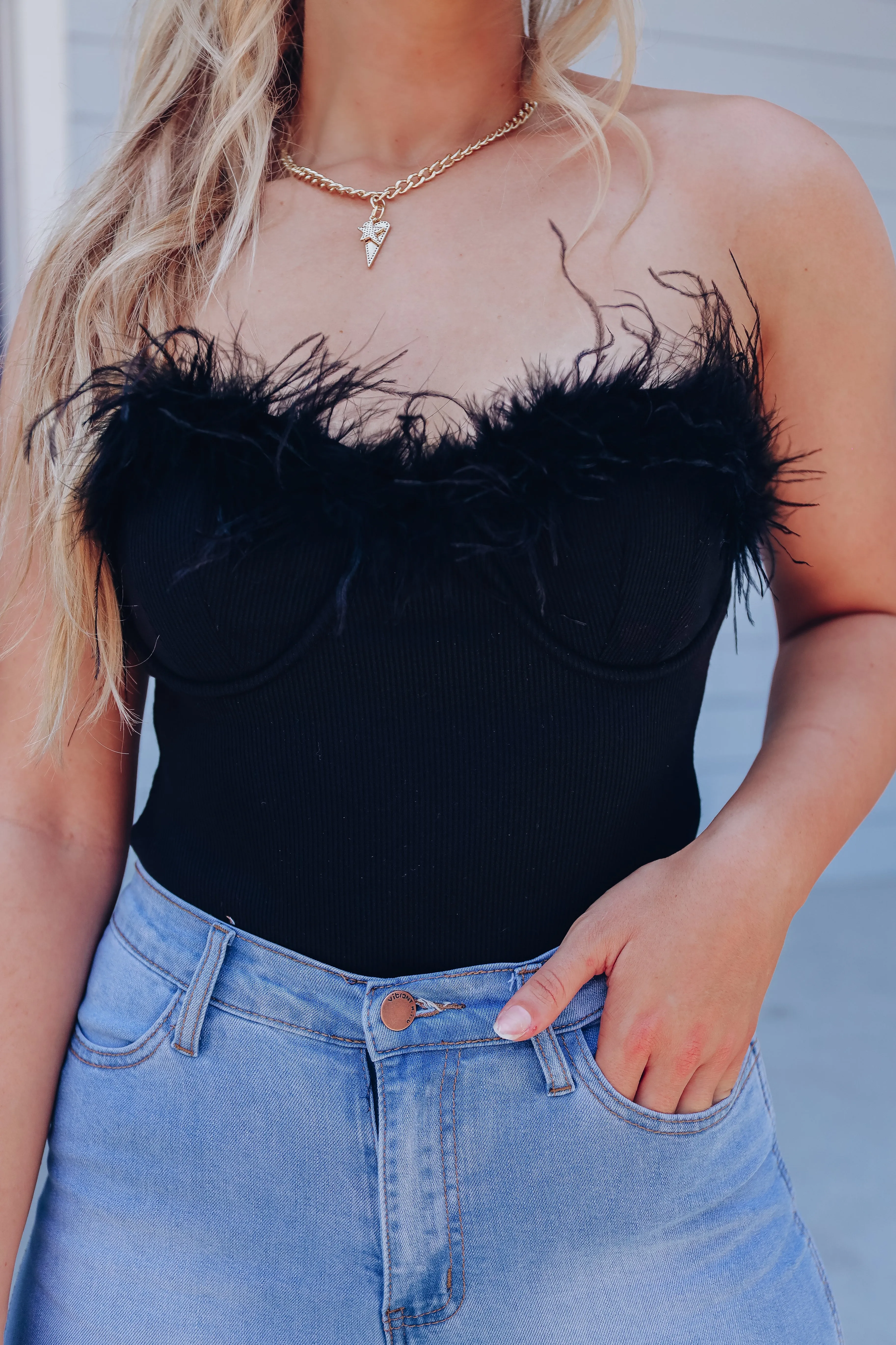 Fabulous Feather Trim Strapless Bodysuit - Black