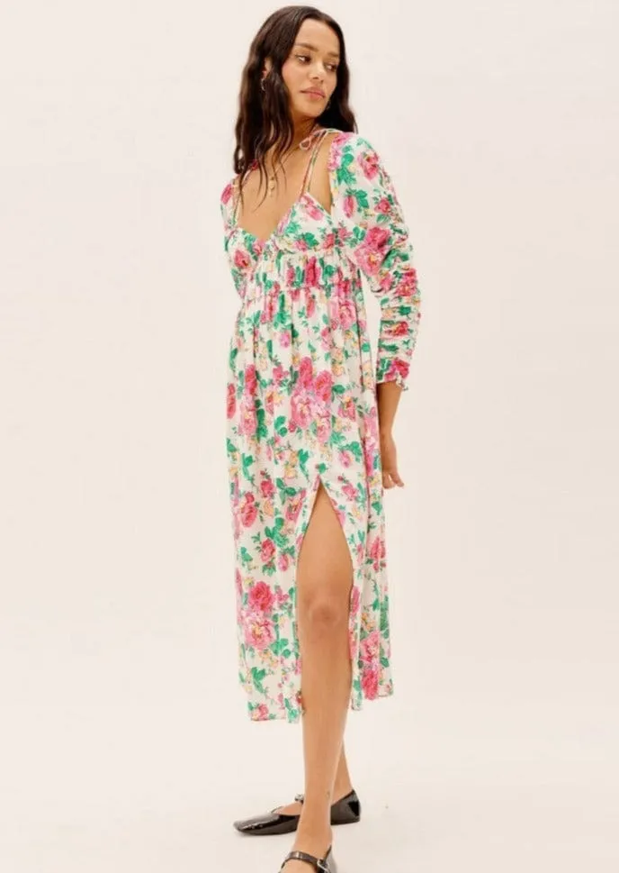 Floral Ruched Long Sleeve Leg Slit Midi Dress