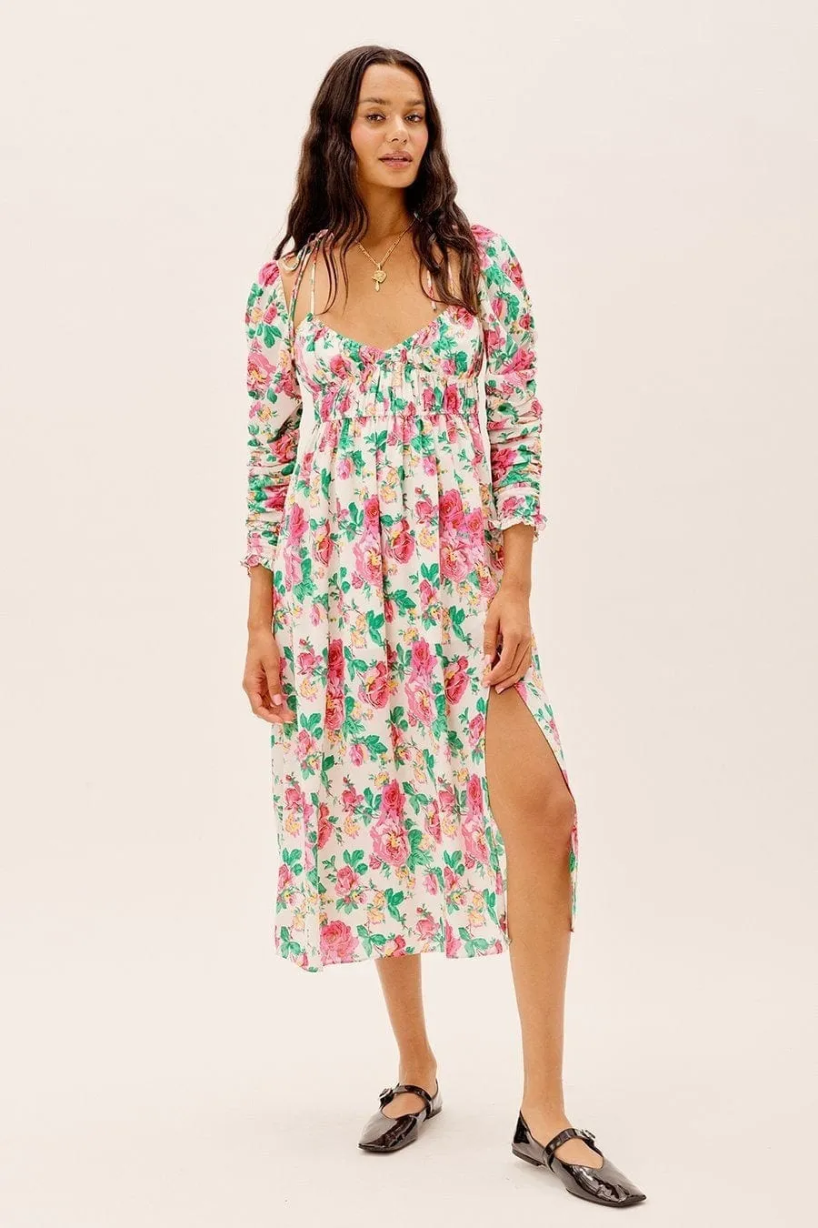 Floral Ruched Long Sleeve Leg Slit Midi Dress