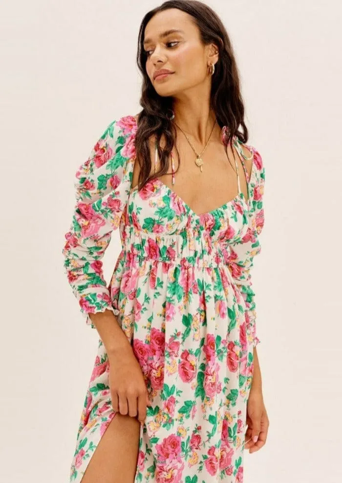 Floral Ruched Long Sleeve Leg Slit Midi Dress