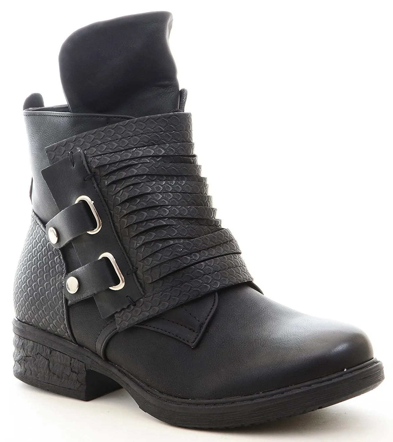 Fold Over Flap Buckled Strappy Biker Moto Bootie Women's