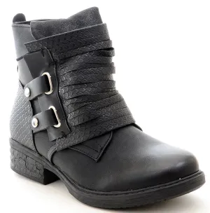 Fold Over Flap Buckled Strappy Biker Moto Bootie Women's